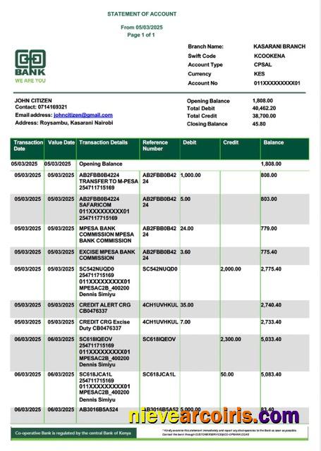 Kenya Co-operative Bank statement Word and PDF, version 2
